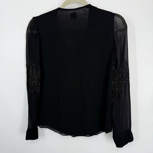 ecru Beaded Chiffon Top Women size XS Black Long sleeve Pullover - Picture 9 of 10